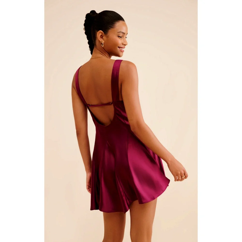 NEW FREE PEOPLE AMARANTH BURGUNDY FLORENCE SATIN MINI SUNDRESS DRESS SZ S